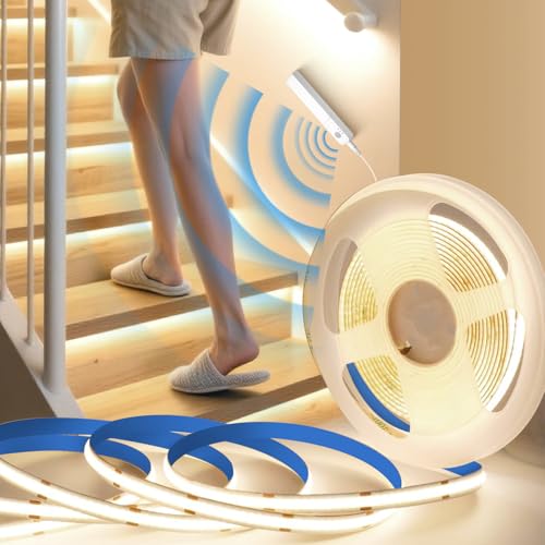 BRIMETI LED Streifen COB Mit Bewegungsmelder LED Band 5M Selbstklebend Batterie 5V Neutralweiß 4000K 8mm Breite 320LEDs/M Dimmbar Flexibel Schneidbar Licht Band DIY für Bett Schrank Flur von BRIMETI