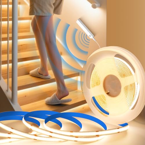 BRIMETI LED Streifen COB Mit Bewegungsmelder LED Band 5M Selbstklebend Batterie 5V Warmweiß 3000K 8mm Breite 320LEDs/M Dimmbar Flexibel Schneidbar Licht Band DIY für Bett Schrank Flur von BRIMETI