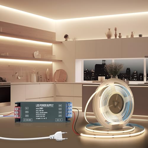 BRIMETI LED Streifen Strip 5M COB Selbstklebend 12V Neutralweiß Flexibel 8mm Breite, Band Licht DIY Leiste 320LEDs/M 4000K, mit LED Trafo 12V 100W und 1 Meter Stecker Netzkabel, für TV, Schlafzimmer BRIMETI LED Streifen Strip 5M COB Selbstklebend 12V Neutralweiß Flexibel 8mm Breite, Band Licht DIY Leiste 320LEDs/M 4000K, mit LED Trafo 12V 100W und 1 Meter Stecker Netzkabel, für TV, Schlafzimmer von BRIMETI