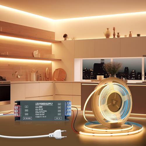 BRIMETI LED Streifen Strip 5M COB Selbstklebend 12V Warmweiss Flexibel 8mm Breite, Band Licht DIY Leiste 320LEDs/M 3000K, mit LED Trafo 12V 100W und 1 Meter Stecker Netzkabel, für TV, Schlafzimmer von BRIMETI
