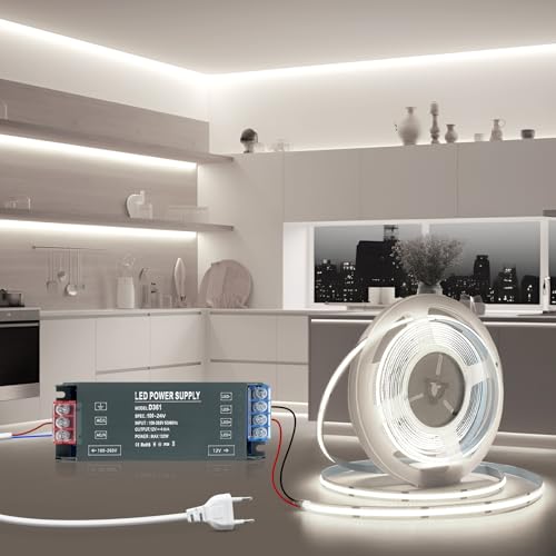 BRIMETI LED Streifen Strip 5M COB Selbstklebend 24V Weiß Flexibel 8mm Breite, Band Licht DIY Leiste 320LEDs/M 6000K, mit LED Trafo 24V 100W und 1 Meter Stecker Netzkabel, für TV, Schlafzimmer BRIMETI LED Streifen Strip 5M COB Selbstklebend 24V Weiß Flexibel 8mm Breite, Band Licht DIY Leiste 320LEDs/M 6000K, mit LED Trafo 24V 100W und 1 Meter Stecker Netzkabel, für TV, Schlafzimmer von BRIMETI