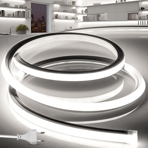 BRIMETI LED Streifen Aussenbereich 230V Neon LED Strip 20M Wasserdicht Lichtband IP65 Weiß Silikon Aussen Schlauch 120LED/M Outdoor Lichtleiste Band für Innen Heim Küche mit Netzteil von BRIMETI
