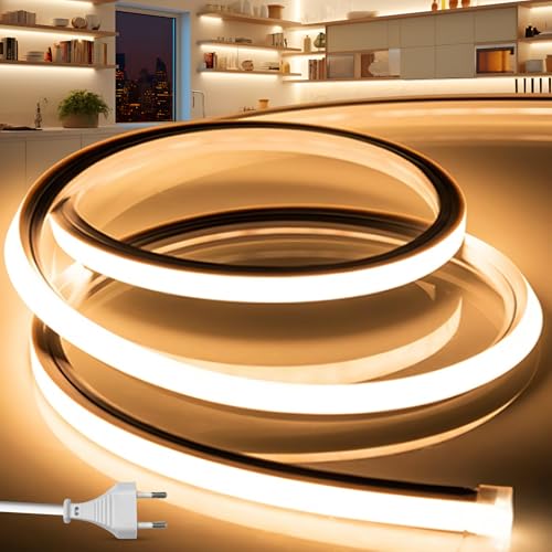 BRIMETI LED Streifen Aussenbereich 230V Neon LED Strip 2M Wasserdicht Lichtband IP65 Warmweiß Silikon Aussen Schlauch 120LED/M Outdoor Lichtleiste Band für Innen Heim Küche mit Netzteil von BRIMETI