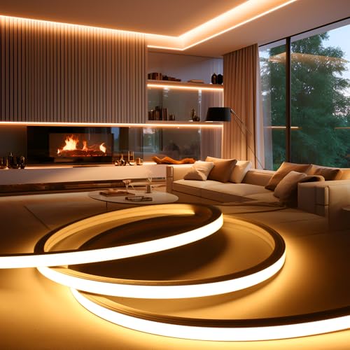 BRIMETI LED Streifen Aussenbereich 230V Neon LED Strip 5M Wasserdicht Lichtband IP65 Warmweiß Silikon Aussen Schlauch 120LED/M Outdoor Lichtleiste Band für Innen Heim Küche mit Netzteil von BRIMETI