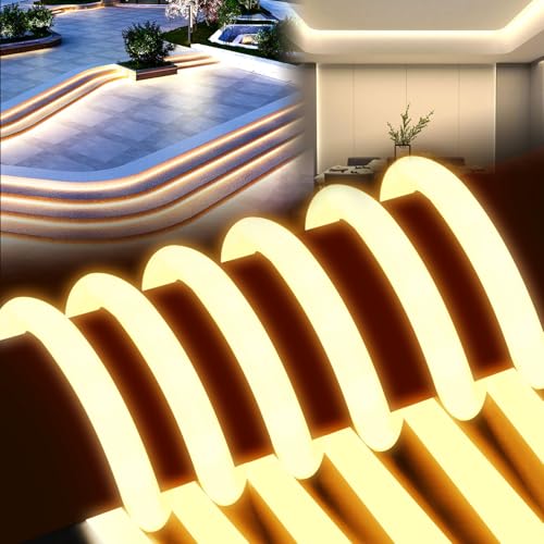BRIMETI Neon LED Streifen, Neon LED Strip 2M Aussenbereich 320° Glühen Rund Wasserdicht IP65 230V Flexibler Outdoor DIY Lichtband für Innen Küche Deko, mit Controller und Einem Netzteil (Gelb) von BRIMETI