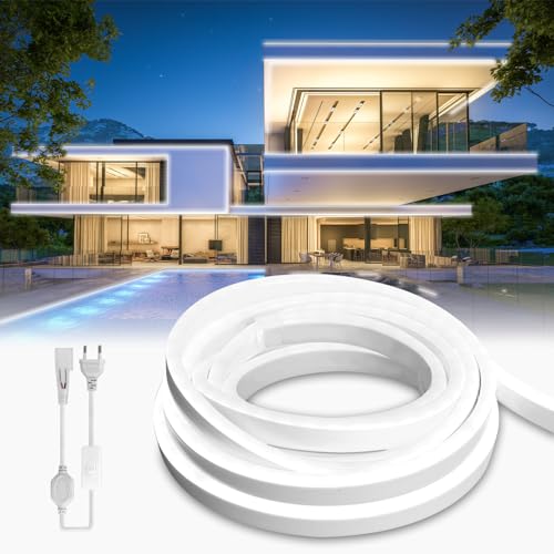 BRIMETI Neon LED Streifen 10M Aussenbereich, LED Strip Wasserdicht 230V Outdoor 120 LED/M Flexibler Lichtband für DIY Flexibel Lichtleiste mit Netzteil und Controller für Innen Heim Küche Deko (Weiß) von BRIMETI