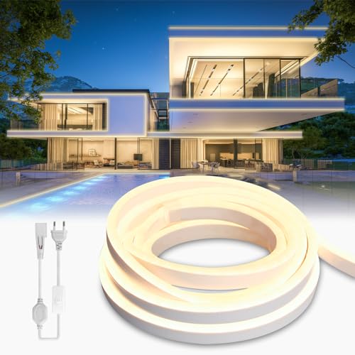 BRIMETI Neon LED Streifen 20M Aussenbereich, LED Strip Wasserdicht 230V Outdoor 120 LED/M Flexibler Lichtband für DIY Flexibel Lichtleiste mit Netzteil und Controller für Innen Heim Küche (Naturweiß) von BRIMETI