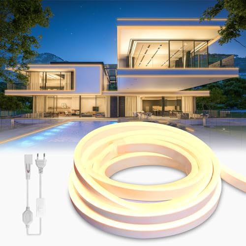 BRIMETI Neon LED Streifen 2M Aussenbereich, LED Strip Wasserdicht 230V Outdoor 120 LED/M Flexibler Lichtband für DIY Flexibel Lichtleiste mit Netzteil und Controller für Innen Heim Küche (Gelb) von BRIMETI