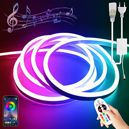 BRIMETI RGB Neon LED Streifen 15M, led Schlauch 230V Aussenbereich IP65 Wasserdicht Flexibler Neon LED Strip,mit Fernbedienung,Bluetooth App-Steuerung DIY Lichtband, mit Netzteil, für Innen Outdoor von BRIMETI