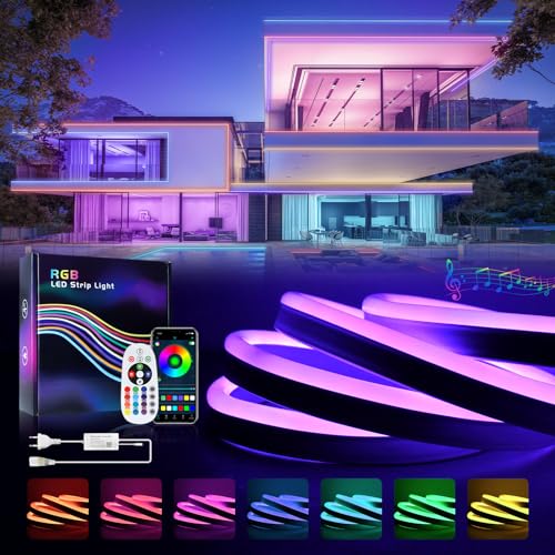 BRIMETI RGB Neon LED Streifen 5M, LED Schlauch 230V Aussenbereich IP65 Wasserdicht Flexibler Neon LED Strip,mit Fernbedienung,Bluetooth App-Steuerung, DIY Lichtband, mit Netzteil, für Innen Outdoor von BRIMETI