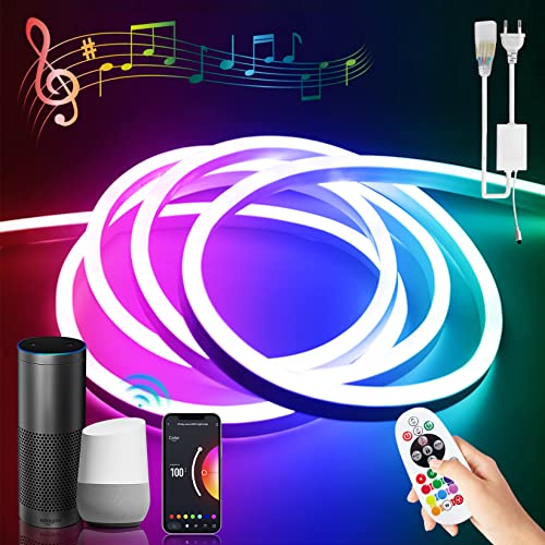 BRIMETI RGB Neon LED Strip 10M, Neon LED Streifen 230V Außen IP65 Wasserdicht,Arbeit mit Google Assistant,mit Fernbedienung und Netzteil,Bluetooth App-Steuerung,für Innen Outdoor von BRIMETI