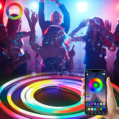 BRIMETI Neon LED Strip 3M, RGBIC Aussenbereich Wasserdicht IP65 Neon LED Streifen, Gesteuert mit Fernbedienung und Netzteil,Controller, Bluetooth App Steuerung,DIY Lichtband, Musiksynchronisierung von BRIMETI