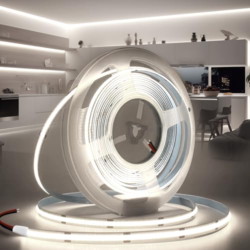BRIMETI LED Streifen 24V 10M LED Strip COB Selbstklebend Weiß 6000K 8mm Breite 320LEDs/M, Flexibel IP20 Licht Band Leiste DIY, für TV, Beleuchtung Schlafzimmer (ohne Netzteil) von BRIMETI
