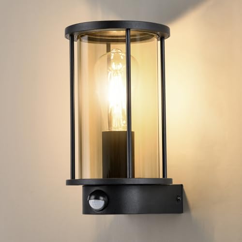 BRIMMEL Außenlampe mit Bewegungsmelder, Aluminium Wasserdichte Rostfreie Außenwandleuchten, E27-Sockel, Glas Aussenlampe für Terrasse, Garage, Veranda, Glühbirne nicht im Lieferumfang enthalten von BRIMMEL