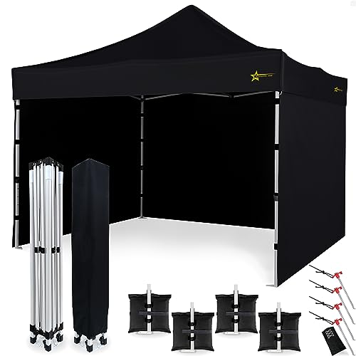 Economic Star Faltpavillon Wasserdicht mit 3 Seitenteile + 4 Sandsäcke + 4 Seile und Partyzelt Heringe + Schutzhülse für Rennzelt, UV-Schutz 50+ Pop-Up Marktzelt (3x3, Schwarz) von BRIMO