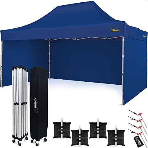 BRIMO Economic Star Faltpavillon Wasserdicht mit 3 Seitenteile + 4 Sandsäcke + 4 Seile und Partyzelt Heringe + Schutzhülse für Rennzelt, UV-Schutz 50+ Pop-Up Marktzelt (3x4,5, Blau) von BRIMO