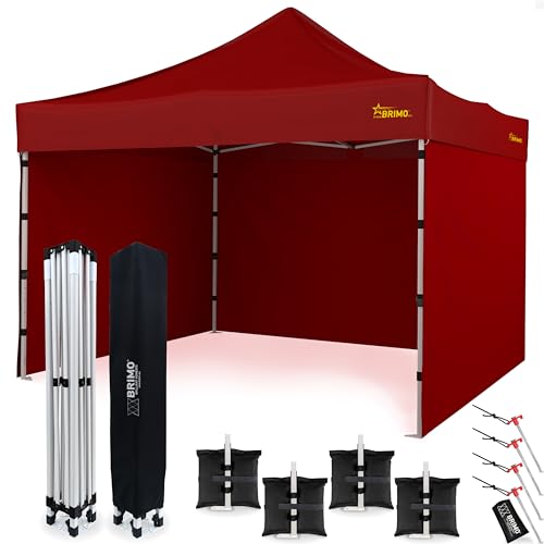 BRIMO Economic Star Faltpavillon Wasserdicht mit 3 Seitenteile + 4 Sandsäcke + 4 Seile und Partyzelt Heringe + Schutzhülse für Rennzelt, UV-Schutz 50+ Pop-Up Marktzelt (Rot, 3x3) von BRIMO