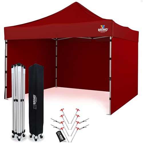 Economic Star Faltpavillon Wasserdicht mit 3 Seitenteile + 8 Partyzelt Heringe + 4 Seile + Schutzhülse für Rennzelt, UV-Schutz 50+ Pop-Up Marktzelt (Rot, 3x3) von BRIMO