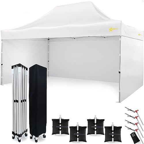 Economic Star Faltpavillon Wasserdicht mit 3 Seitenteile + 4 Sandsäcke + 4 Seile und Partyzelt Heringe + Schutzhülse für Rennzelt, UV-Schutz 50+ Pop-Up Marktzelt (3x4,5, Weiß) von BRIMO