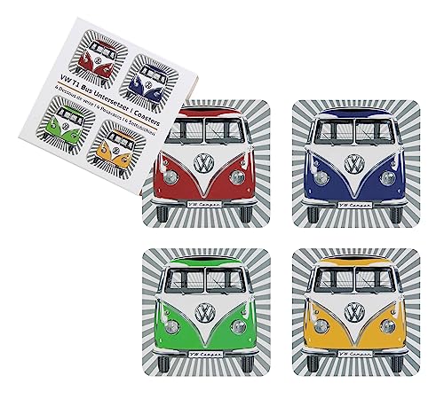 BRISA VW Collection - Volkswagen Getränke-Glas-Kork-Untersetzer mit MDF Beschichtung und T1 Bulli Bus Design (4ER Set/Samba Stripes/Bunt) von BRISA