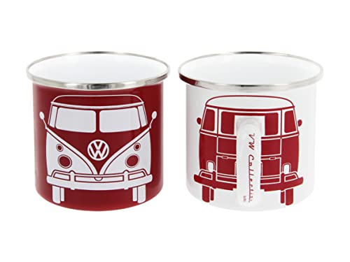 BRISA VW Collection - Volkswagen 2er Set Emaille Kaffee-Tee-Cappuccino-Tasse-Becher-Haferl Mug für Camping & Outdoor T1 Bus (350 ml x2/Rot & Weiß) von BRISA