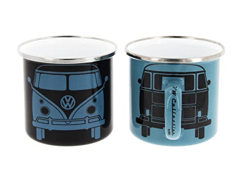 BRISA VW Collection - Volkswagen 2er Set Emaille Kaffee-Tee-Cappuccino-Tasse-Becher-Haferl Mug für Camping & Outdoor T1 Bus (350 ml x2/Schwarz & Blau) von BRISA