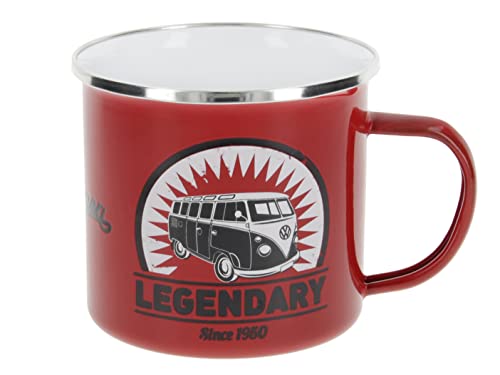 BRISA VW Collection - Volkswagen Große Emaille Kaffee-Tee-Tasse-Becher-Haferl für Camping & Outdoor T1 Bus 500 ml (Legendary/Rot) von BRISA