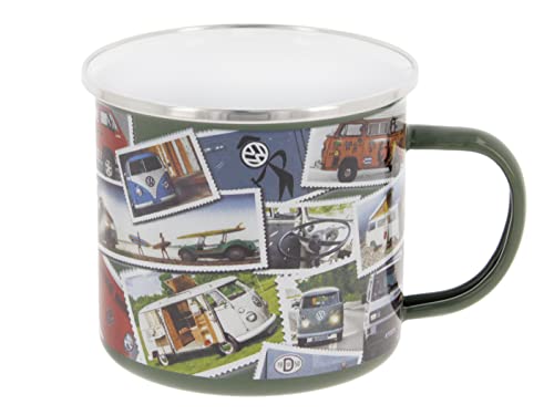 BRISA VW Collection - Volkswagen Große Emaille Kaffee-Tee-Tasse-Becher-Haferl für Camping & Outdoor T1-T3 Bus (500 ml/Stamps/Bunt) von BRISA