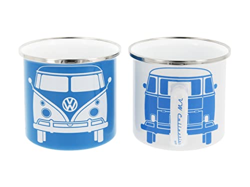 BRISA VW Collection - Volkswagen 2er Set Emaille Kaffee-Tee-Cappuccino-Tasse-Becher-Haferl Mug für Camping & Outdoor T1 Bus (350 ml x2/Blau & Weiß) von BRISA