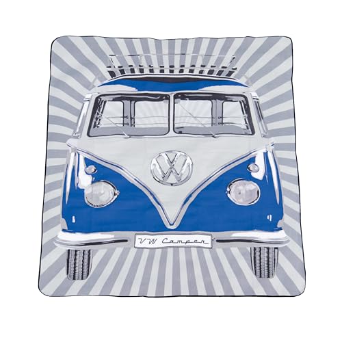 BRISA VW Collection - Volkswagen Picknickdecke 200x150 cm Wasserdicht Wärmeisoliert Fleece Garten Outdoor Stranddecke mit Tragetasche (Samba Stripes/Blau) von BRISA