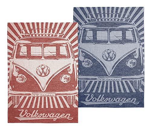 BRISA VW Collection - Volkswagen Geschirr-Abtrocken-Küchen-Handtuch-2er Set im T1 Bulli Bus (Samba/Streifen/Rot) von BRISA