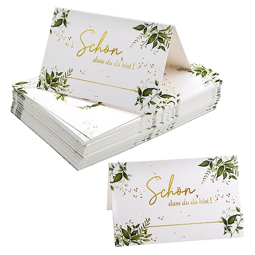 BRISKORE 50Pcs Eukalyptus Tischkarten Premium Platzkarten für Geburtstag Hochzeit Konfirmation Kommunion, Namenskarten Namensschilder Hochzeit Tischkärtchen Sitzkarten mit Text "Schön Dass Du Da Bist" von BRISKORE