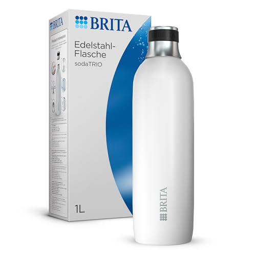 BRITA Edelstahlflasche weiß für sodaTRIO Wassersprudler (1l) – isolierte & doppelwandige Premium Edelstahl Flasche mit stylischem Silikonring am Verschluss für rutschfestes Handling von BRITA