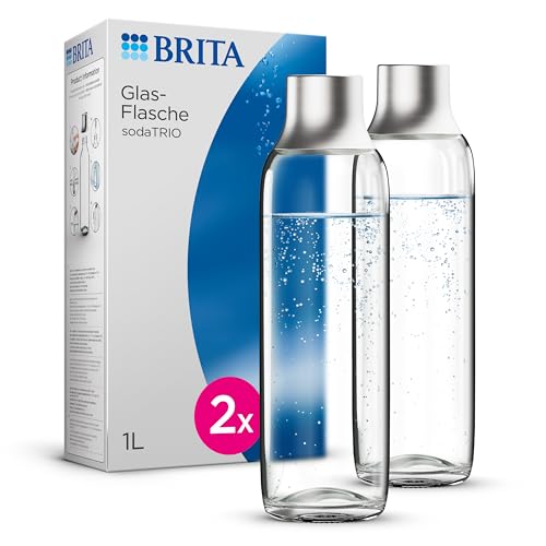 BRITA Glasflasche für sodaTRIO Wassersprudler (1l), 2x Ersatzflaschen – leichte, elegante Wasserflaschen aus Glas / Sprudlerflaschen mit Verschluss aus poliertem Edelstahl von BRITA