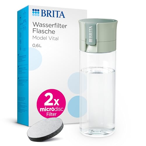BRITA Wasserfilter Flasche Model Vital hellgrün (600ml) inkl 2 MicroDisc Filter – Praktische Trinkflasche mit Wasserfilter für unterwegs, filtert Chlor & Bakterien beim Trinken / spülmaschinengeeignet von BRITA