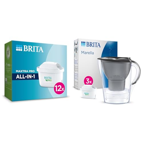 BRITA Wasserfilter-Kartusche MAXTRA PRO All-in-1 – 12er Pack Jahresvorrat – Ersatzkartuschen reduzieren Kalk & Wasserfilter-Kanne Marella graphit 2 von BRITA