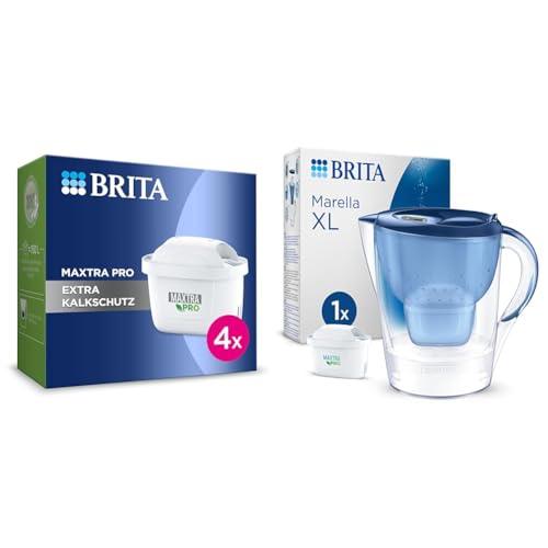 BRITA Wasserfilter-Kartusche MAXTRA PRO Extra Kalkschutz – 4er Pack & Wasserfilter-Kanne Marella XL blau (3,5l) inkl. 1x MAXTRA PRO All-in-1 Kartusche von BRITA