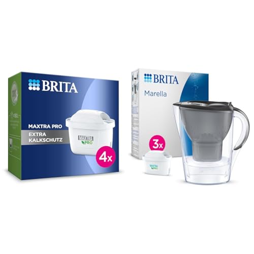 BRITA Wasserfilter-Kartusche MAXTRA PRO Extra Kalkschutz – 4er Pack & Wasserfilter-Kanne Marella graphit (2,4l) inkl. 3x MAXTRA PRO All-in-1 Kartusche von BRITA