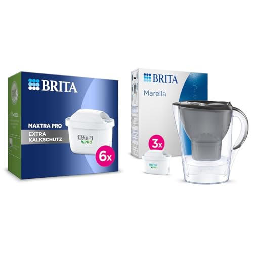 BRITA Wasserfilter-Kartusche MAXTRA PRO Extra Kalkschutz – 6er Pack & Wasserfilter-Kanne Marella graphit inkl. 3x MAXTRA PRO All-in-1 Kartusche von BRITA