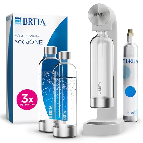 BRITA Wassersprudler sodaONE weiß inkl. CO2-Zylinder und 3 BPA-freien PET-Flaschen I Macht aus Leitungswasser prickelndes Sprudelwasser (bis zu 60l pro Zylinder) von BRITA