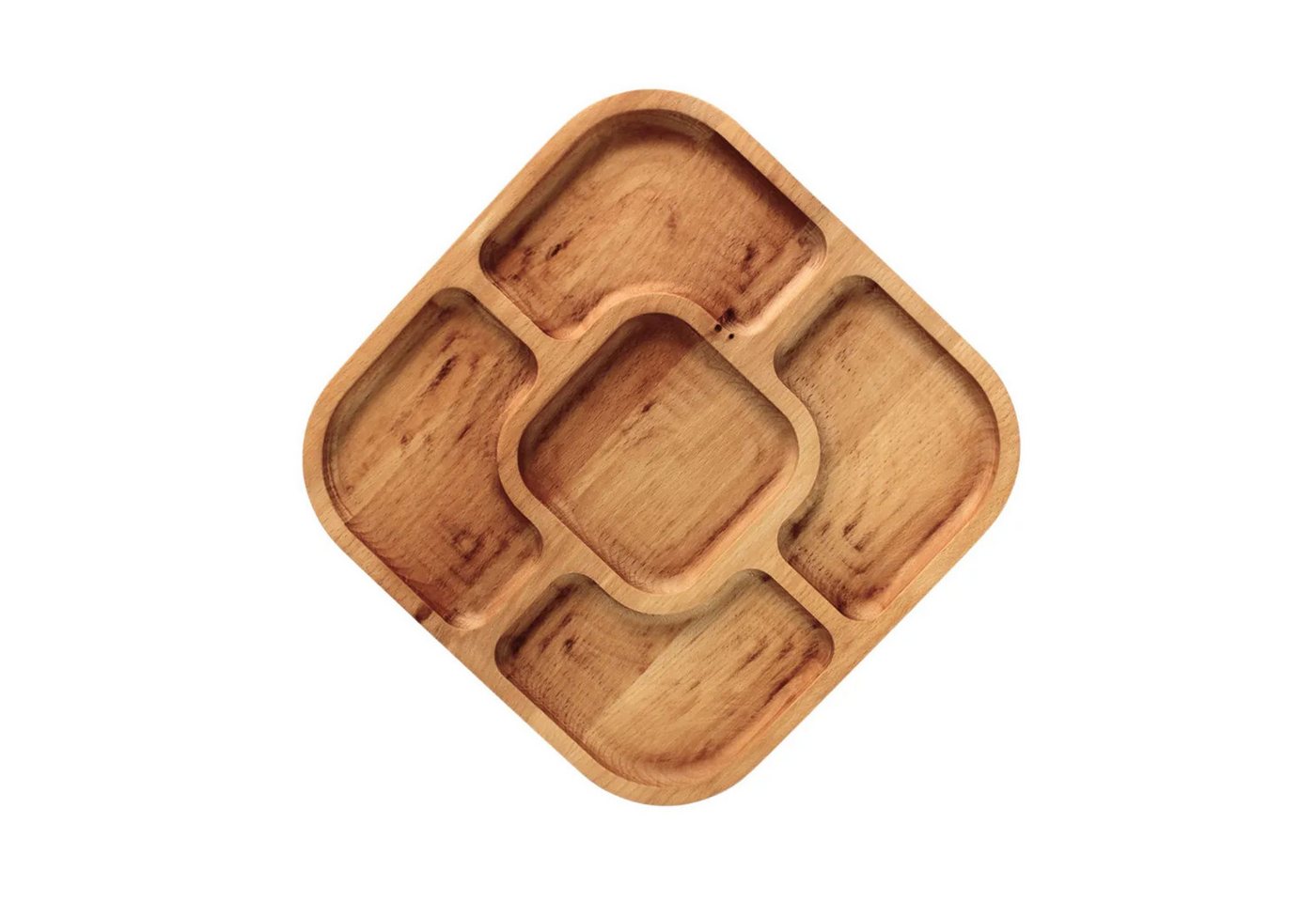 BRIZOLL Kochbesteck-Set 28x28cm Servierplatte aus natürlichem Holz (mit 5 geteilten Fächern), Board von BRIZOLL