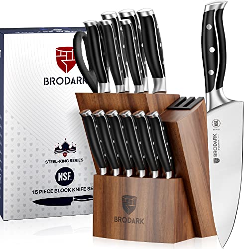 BRODARK Küchenmesser-Set mit Block, Vollzapfen, NSF-zertifizierter deutscher Edelstahl-Messerblock-Set, Steel-King-Serie mit Geschenkbox von BRODARK