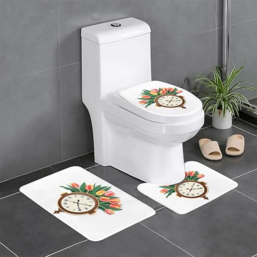 BROLEO 3-teiliges Anti-Rutsch-Bodenmatten-Set, Tulpen auf der Uhr, bedruckt, Badezimmerteppiche für ultimativen Komfort, Hauptbadezimmer BROLEO 3-teiliges Anti-Rutsch-Bodenmatten-Set, Tulpen auf der Uhr, bedruckt, Badezimmerteppiche für ultimativen Komfort, Hauptbadezimmer von BROLEO