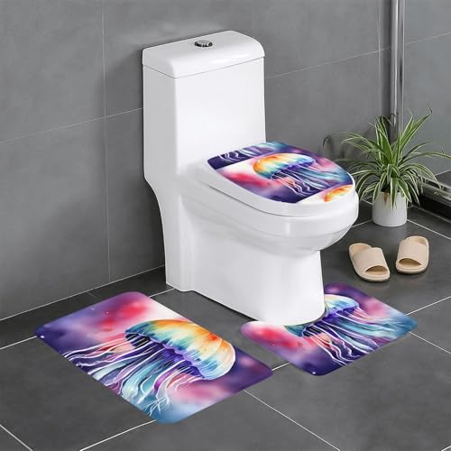 BROLEO 3-teiliges Anti-Rutsch-Fußmatten-Set, Aquarellfarben, 3D-Quallen-Druck, Badezimmerteppiche für ultimativen Komfort, Hauptbadezimmer BROLEO 3-teiliges Anti-Rutsch-Fußmatten-Set, Aquarellfarben, 3D-Quallen-Druck, Badezimmerteppiche für ultimativen Komfort, Hauptbadezimmer von BROLEO