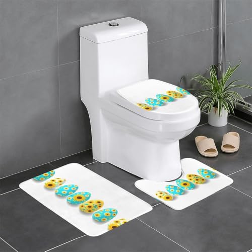 BROLEO 3-teiliges Anti-Rutsch-Fußmatten-Set, Sonnenblumen-Muster auf Ostereiern, bedruckt, Badezimmerteppiche für ultimativen Komfort, Hauptbadezimmer von BROLEO