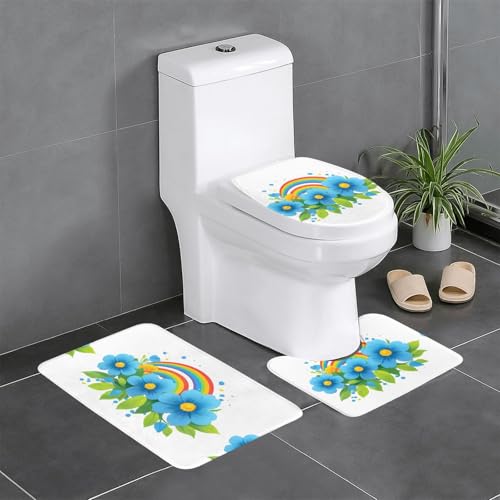 BROLEO 3-teiliges Anti-Rutsch-Fußmatten-Set, blaue Blumen, Regenbogen-Druck, Badezimmerteppiche für ultimativen Komfort, Hauptbadezimmer von BROLEO