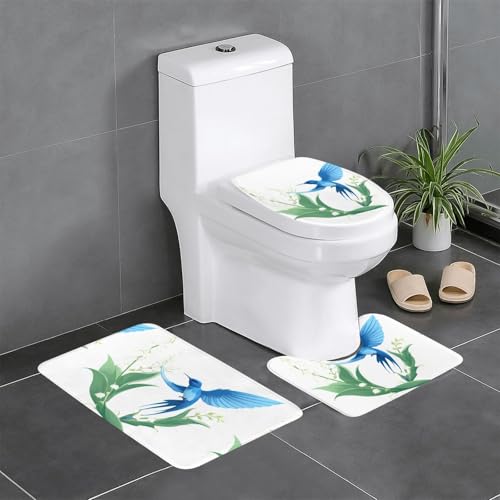 BROLEO 3-teiliges Anti-Rutsch-Fußmatten-Set, blaue Schwalbe unter dem Maiglöckchen, bedruckt, Badezimmerteppiche für ultimativen Komfort, Hauptbadezimmer von BROLEO