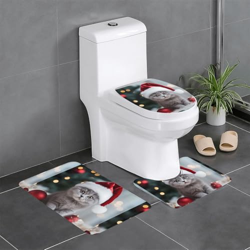 BROLEO 3-teiliges Anti-Rutsch-Fußmatten-Set, graue Katze mit Weihnachtsmannmütze, bedruckt, Badezimmerteppiche für ultimativen Komfort, Hauptbadezimmer BROLEO 3-teiliges Anti-Rutsch-Fußmatten-Set, graue Katze mit Weihnachtsmannmütze, bedruckt, Badezimmerteppiche für ultimativen Komfort, Hauptbadezimmer von BROLEO