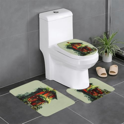 BROLEO 3-teiliges Anti-Rutsch-Fußmatten-Set, rotes Zimmer mit grünen Ranken, bedruckt, Badezimmerteppiche für ultimativen Komfort, Hauptbadezimmer von BROLEO