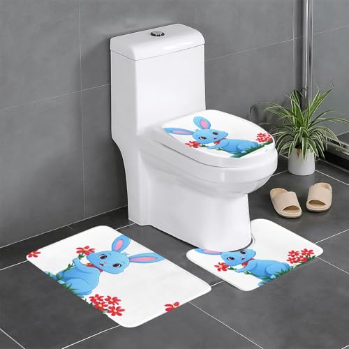 BROLEO 3-teiliges Anti-Rutsch-Fußmatten-Set mit blauem Kaninchen, roter Blumendruck, Badezimmerteppiche für ultimativen Komfort, Hauptbadezimmer von BROLEO